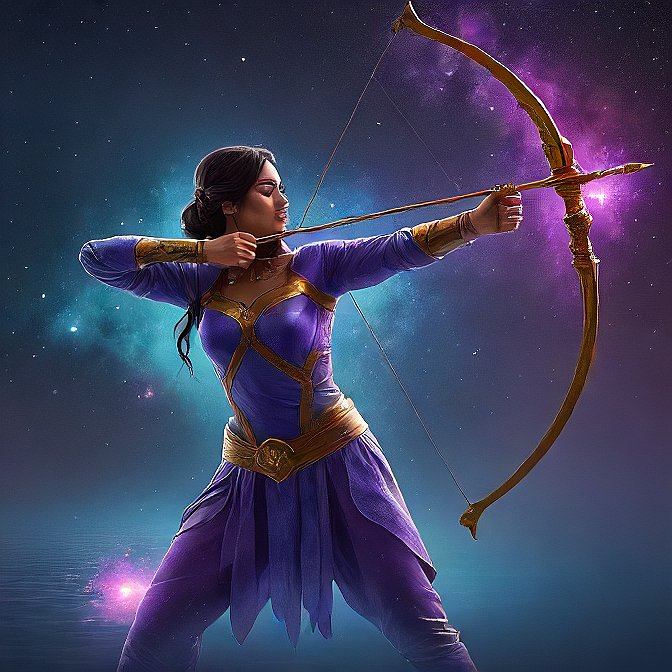 “Sagittarius archer aiming at the stars, surrounded by celestial light and symbols.”
