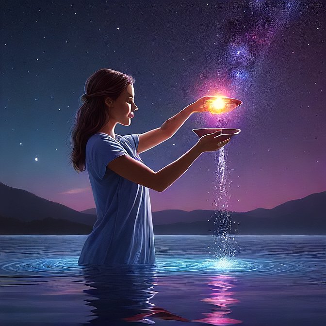 “Aquarius pouring water into the cosmos, symbolizing spiritual alignment and insight.”