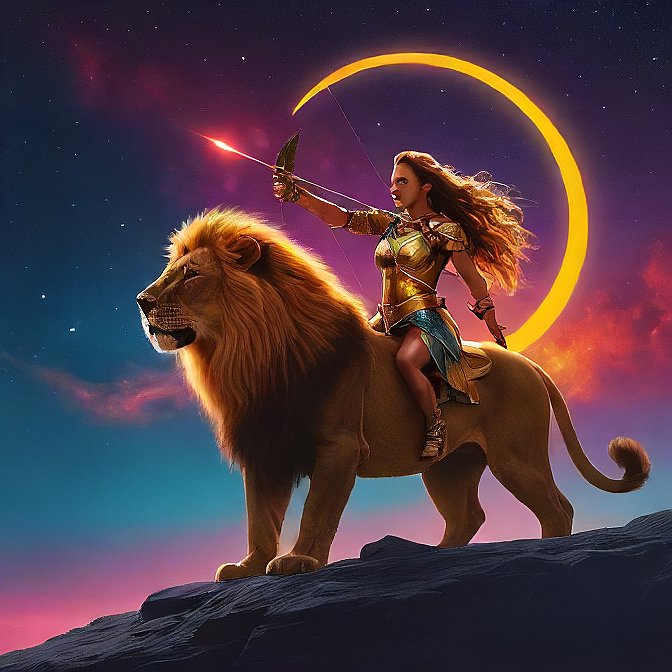 “Leo zodiac sign symbol above a roaring lion under a starlit sky.”